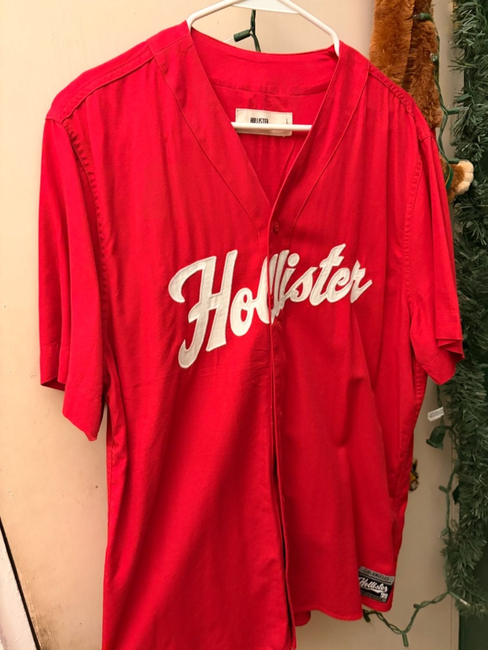 Hollister Red Baseball-Style Button Jersey with White Script